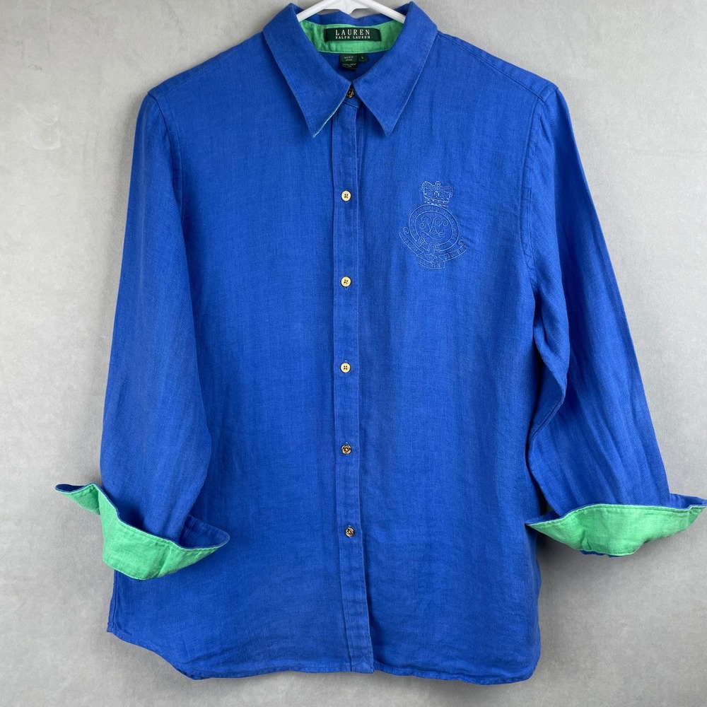 Lauren Ralph Lauren Blue Linen Herringbone Crest Button 3/4 LS Shirt L Old Money
